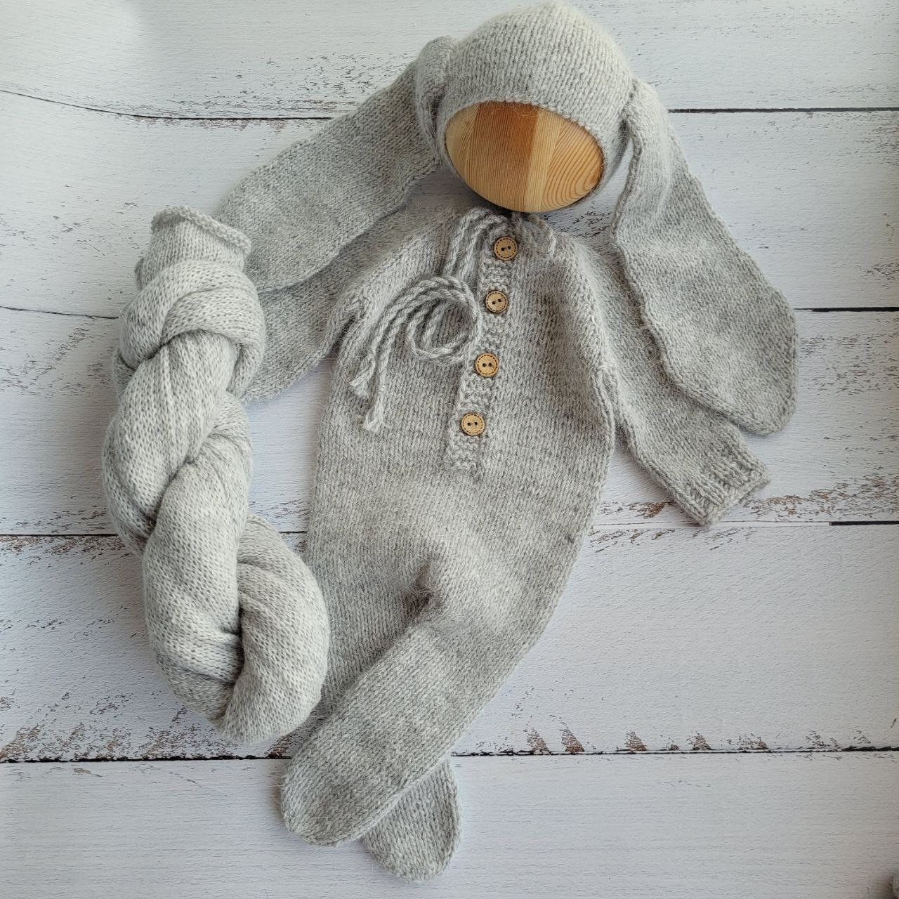 Light Grey Bunny bonnet, romper, wrap, toy. Rabbit outfit/ Easter Newborn photo props - Image 4