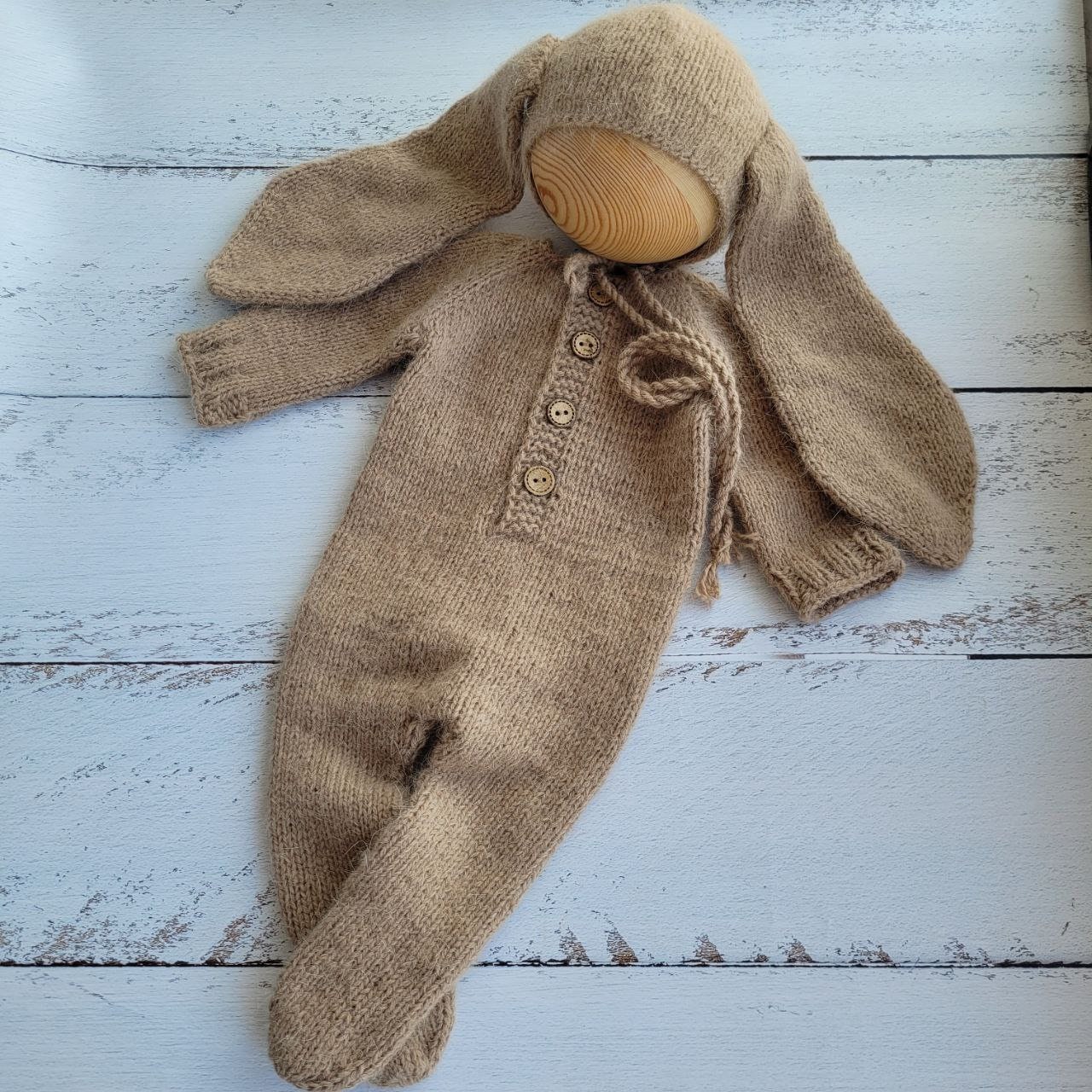 Beige Bunny bonnet, romper, wrap, toy. Rabbit outfit/ Easter Newborn photo props - Image 3