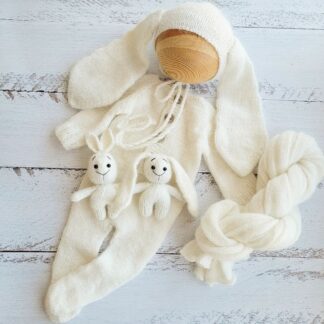 White Bunny bonnet, romper, wrap, toy. Rabbit outfit/ Easter Newborn photo props