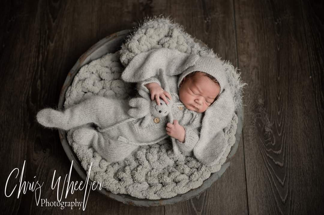 Light Grey Bunny bonnet, romper, wrap, toy. Rabbit outfit/ Easter Newborn photo props - Image 2