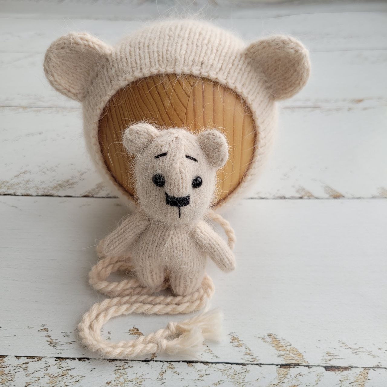 Cream Teddy Bear bonnet, romper, wrap, toy. Polar bear outfit. Newborn photo props - Image 2