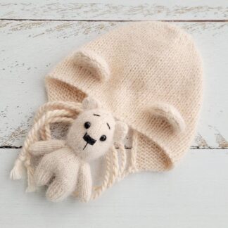 Cream Teddy Bear bonnet, romper, wrap, toy. Polar bear outfit. Newborn photo props