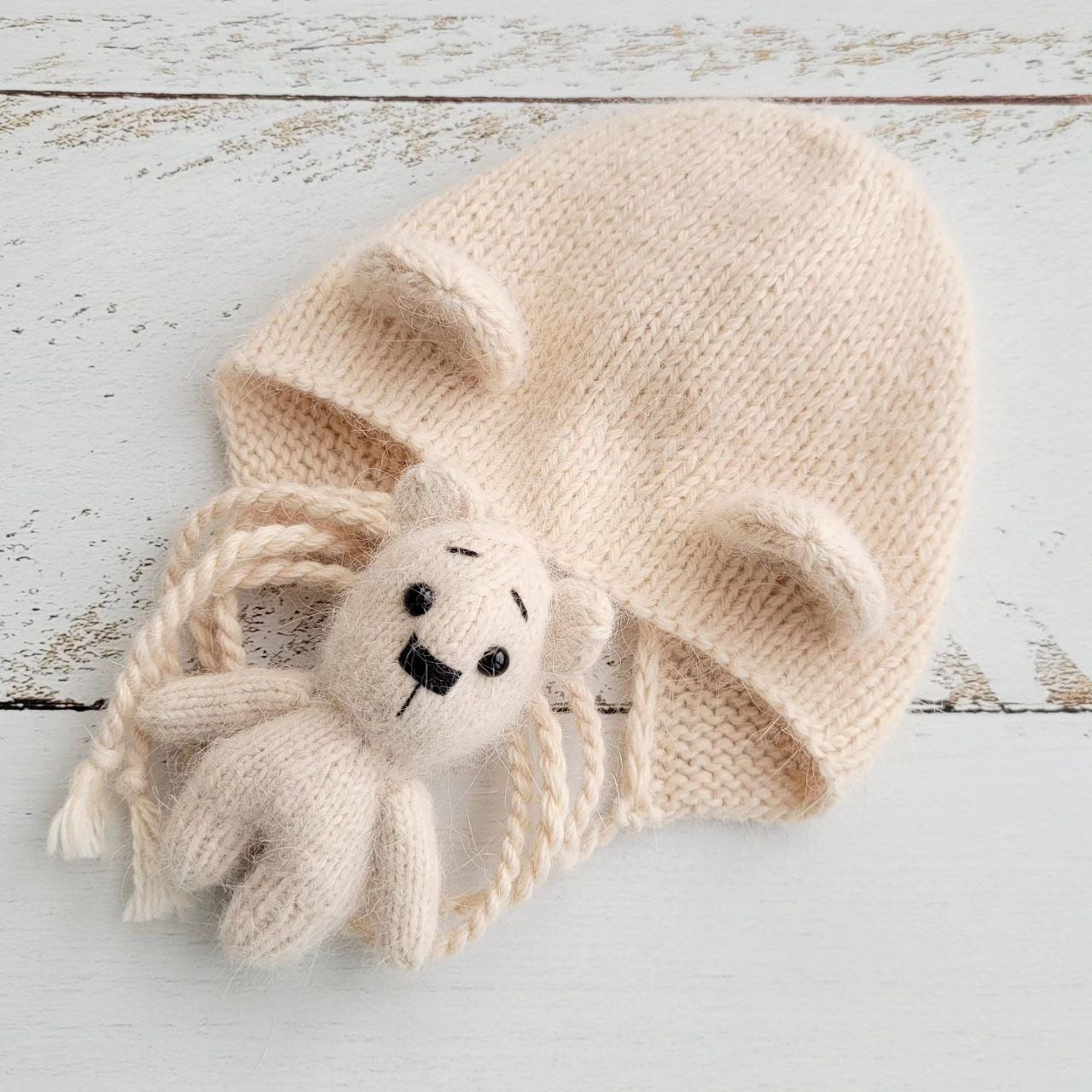Cream Teddy Bear bonnet, romper, wrap, toy. Polar bear outfit. Newborn photo props