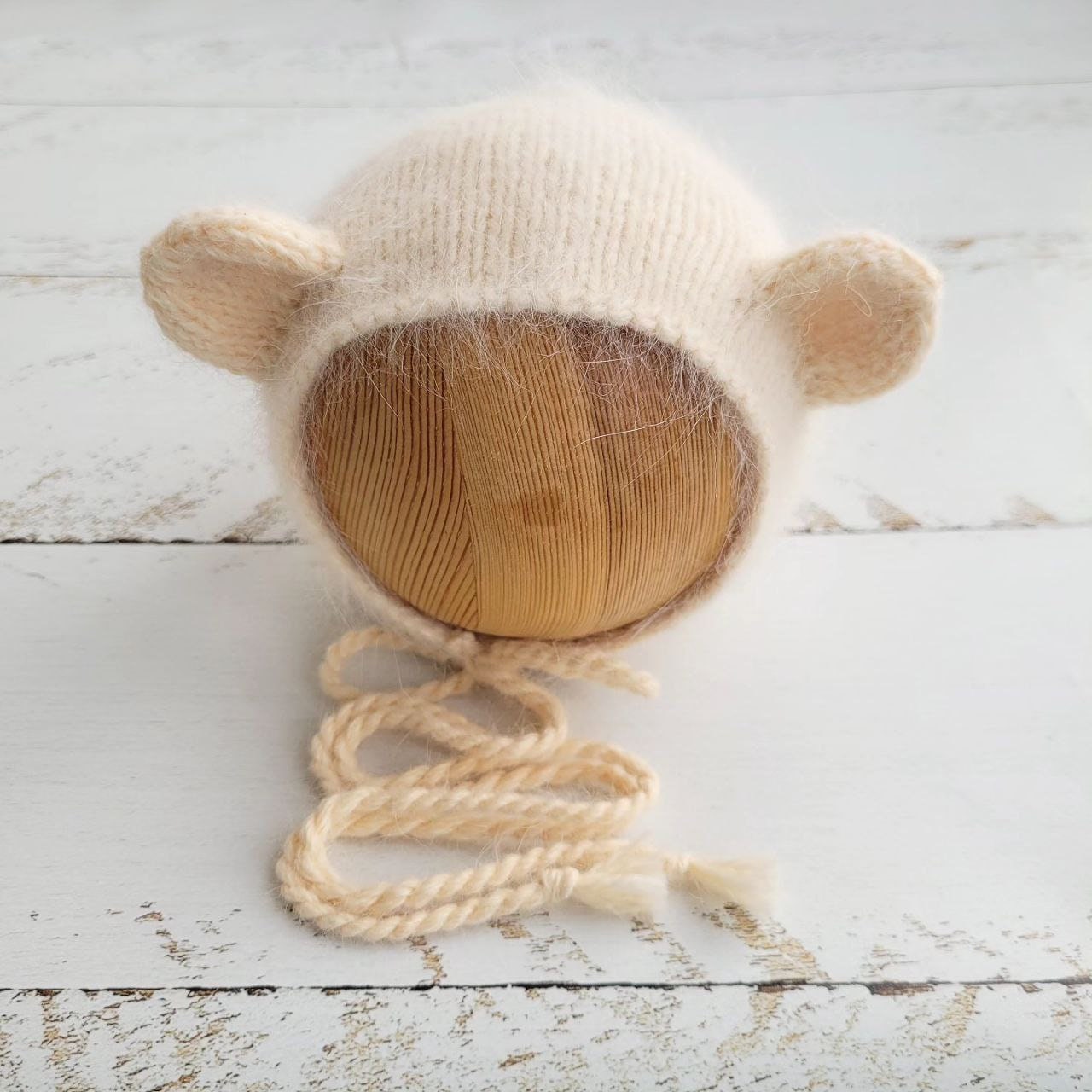Ivory Teddy Bear bonnet, romper, wrap, toy. Polar bear outfit. Newborn photo props - Image 3