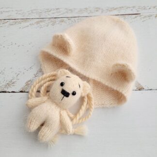 Ivory Teddy Bear bonnet, romper, wrap, toy. Polar bear outfit. Newborn photo props