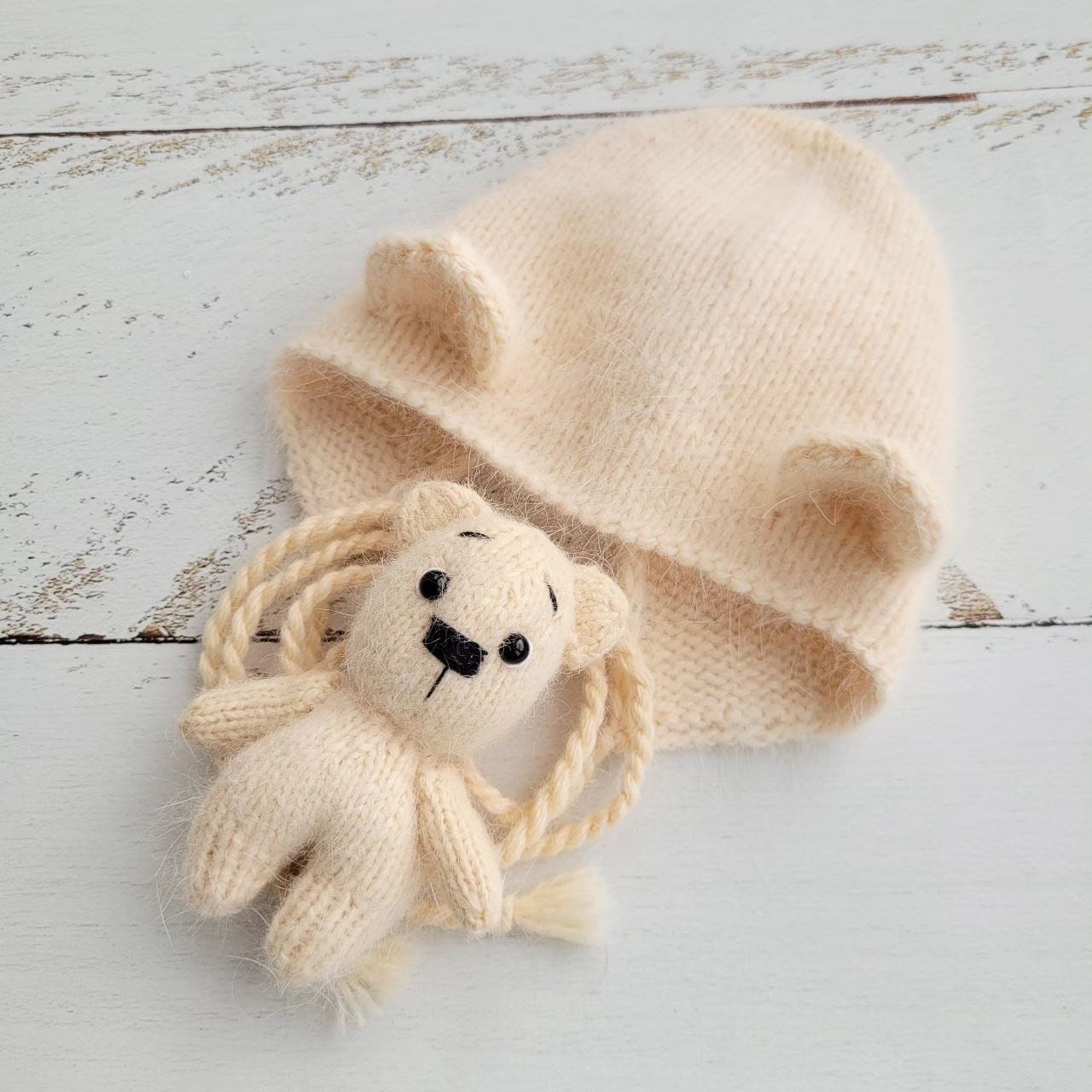 Ivory Teddy Bear bonnet, romper, wrap, toy. Polar bear outfit. Newborn photo props