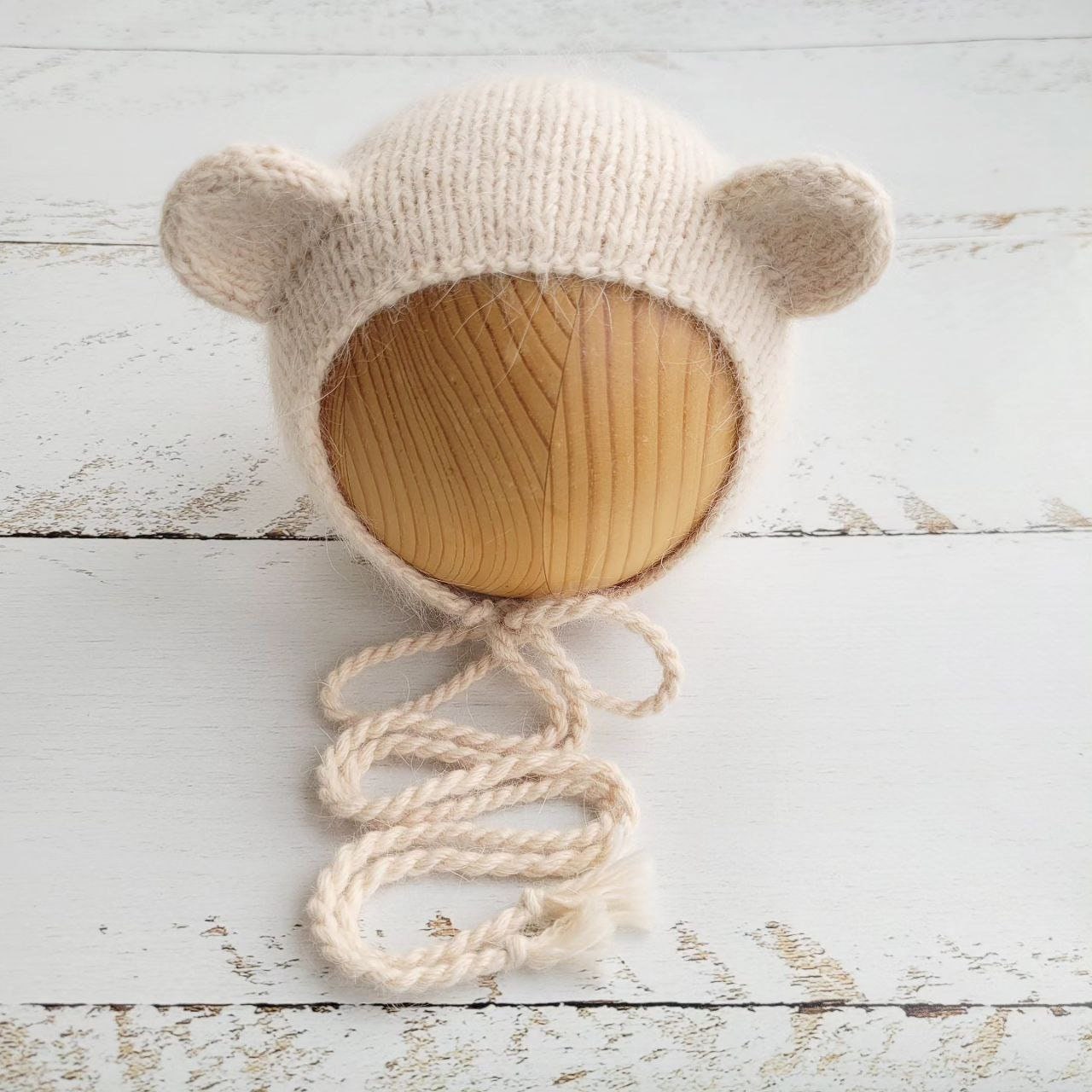 Cream Teddy Bear bonnet, romper, wrap, toy. Polar bear outfit. Newborn photo props - Image 3