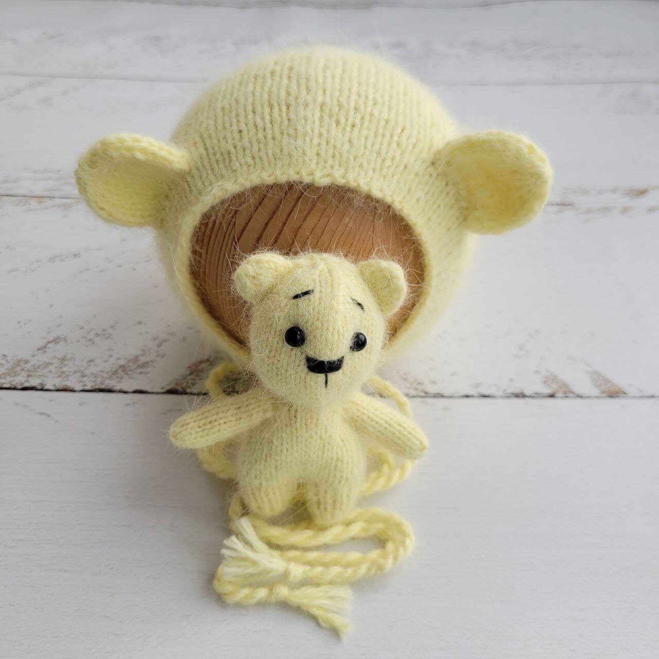 Yellow Teddy Bear bonnet, romper, wrap, toy. Polar bear outfit. Newborn photo props - Image 2