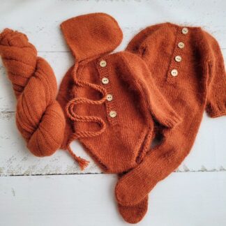 Fuzzy Rust bonnet / hat / wrap / romper / Newborn photo props.