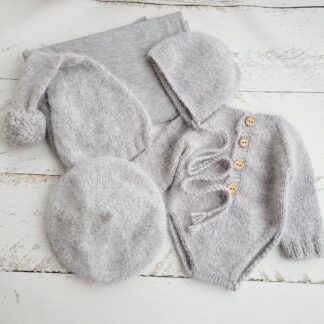 Fuzzy Light Grey bonnet / hat / wrap / romper / Newborn photo props.