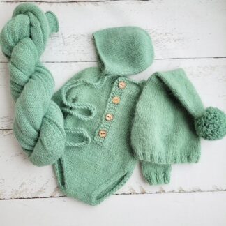 Fuzzy Sage Green bonnet / hat / wrap / romper / Newborn photo props.