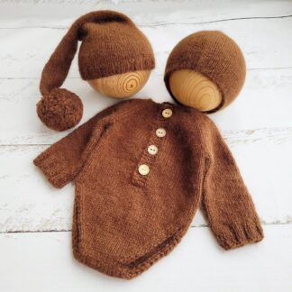 Fuzzy Brown bonnet / hat / wrap / romper / Newborn photo props.