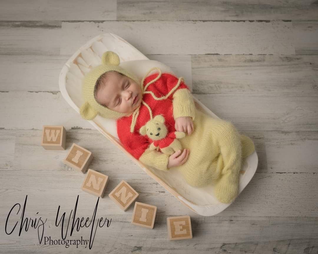 Hand Knitted Yellow Bear Newborn Outfit: Photo Prop Set