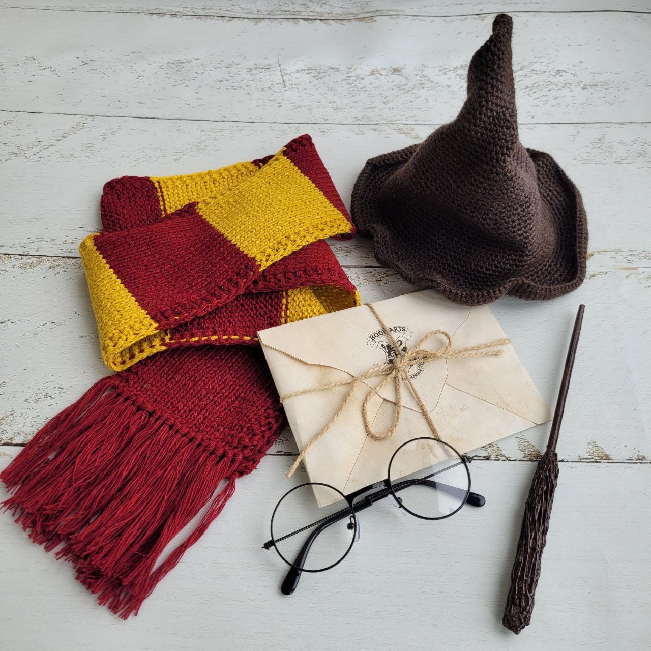 Wizard set HP/ Glasses, Letter, Magic Wand, Scarf and Hat. Newborn photo props - Image 2