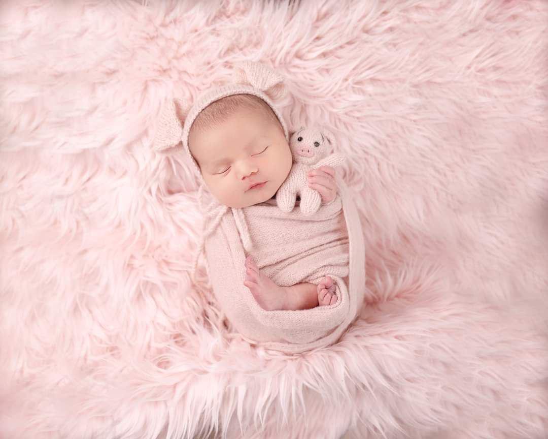 Newborn Pig Photo Prop Set: Hand-Knitted Bonnet, Romper, Wrap & Toy - Image 7