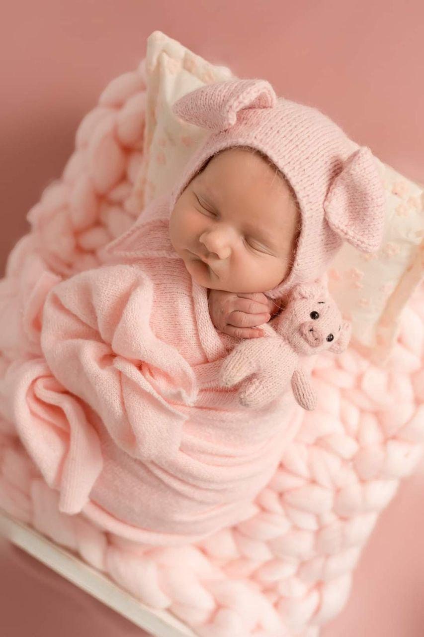Newborn Pig Photo Prop Set: Hand-Knitted Bonnet, Romper, Wrap & Toy