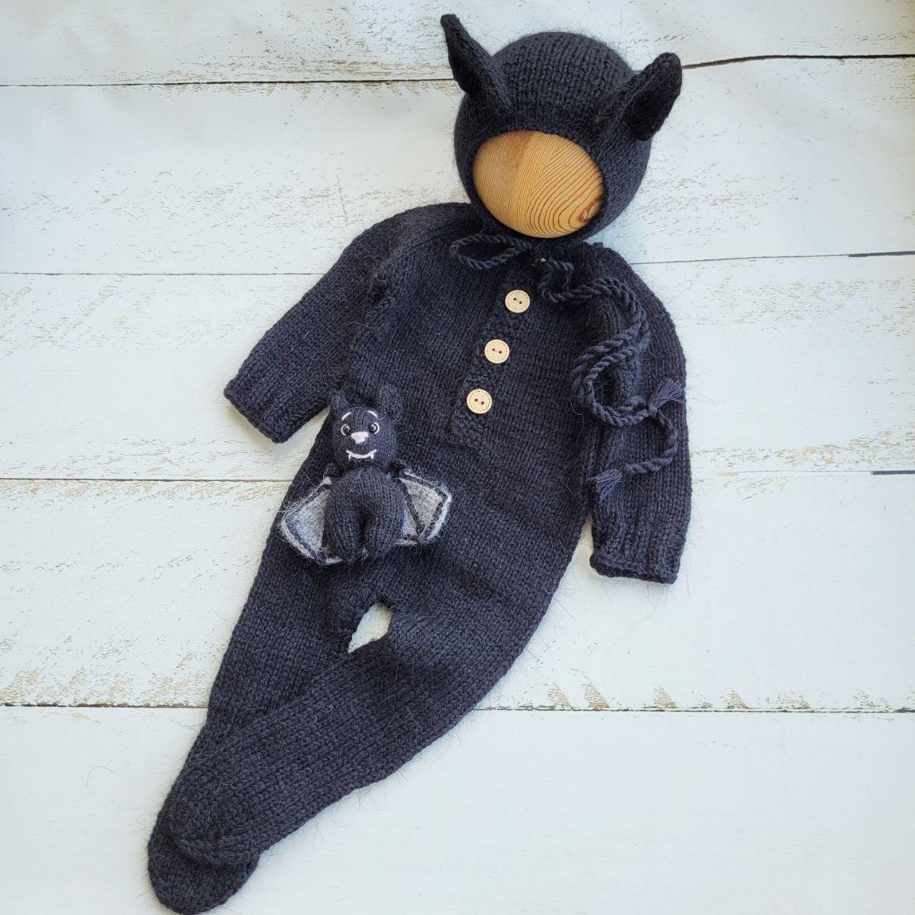 Bat bonnet, romper, wrap, toy. Halloween outfit. Newborn photo props - Image 8