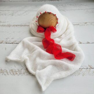 Fuzzy bonnet beaded with Wrap / Newborn photo props / White red hat