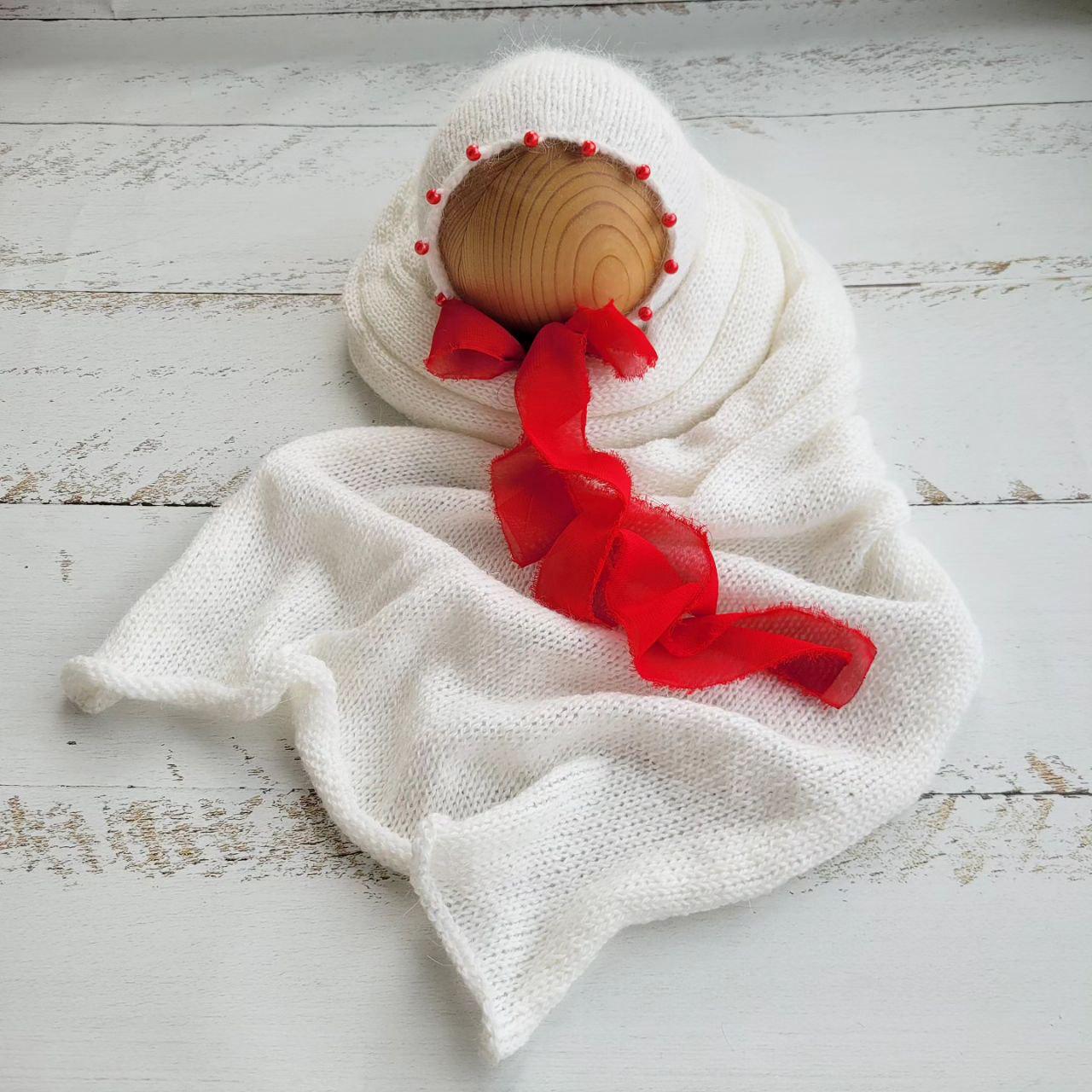 Fuzzy bonnet beaded with Wrap / Newborn photo props / White red hat