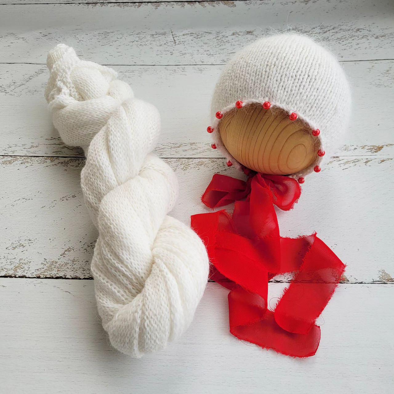 Fuzzy bonnet beaded with Wrap / Newborn photo props / White red hat - Image 6