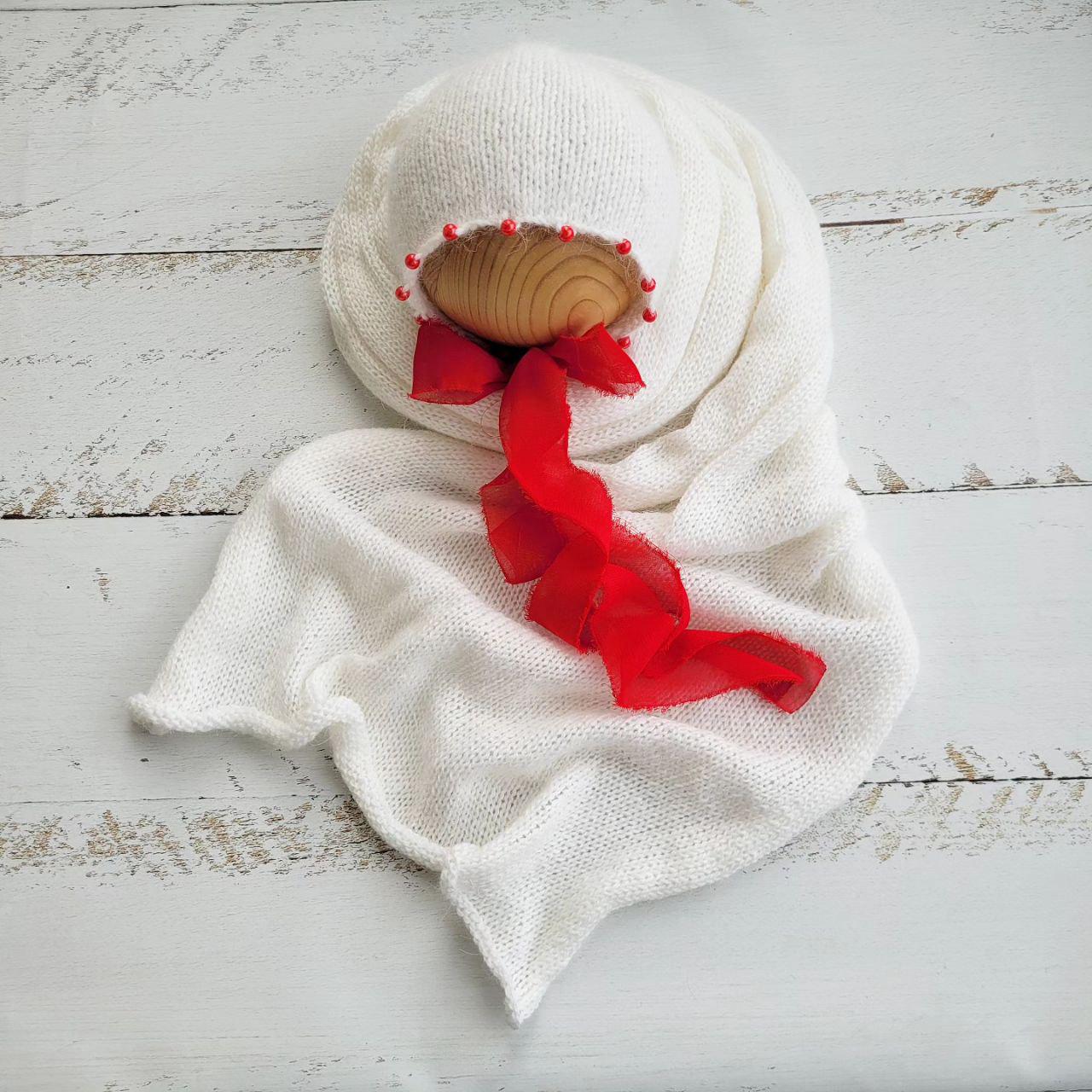 Fuzzy bonnet beaded with Wrap / Newborn photo props / White red hat - Image 4