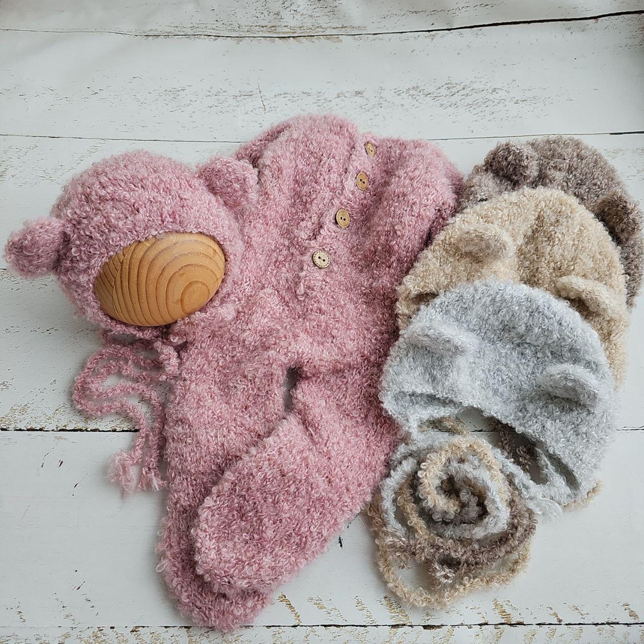 4 colors!!! Boucle Bear bonnet, romper, outfit/ Newborn photo props - Image 6