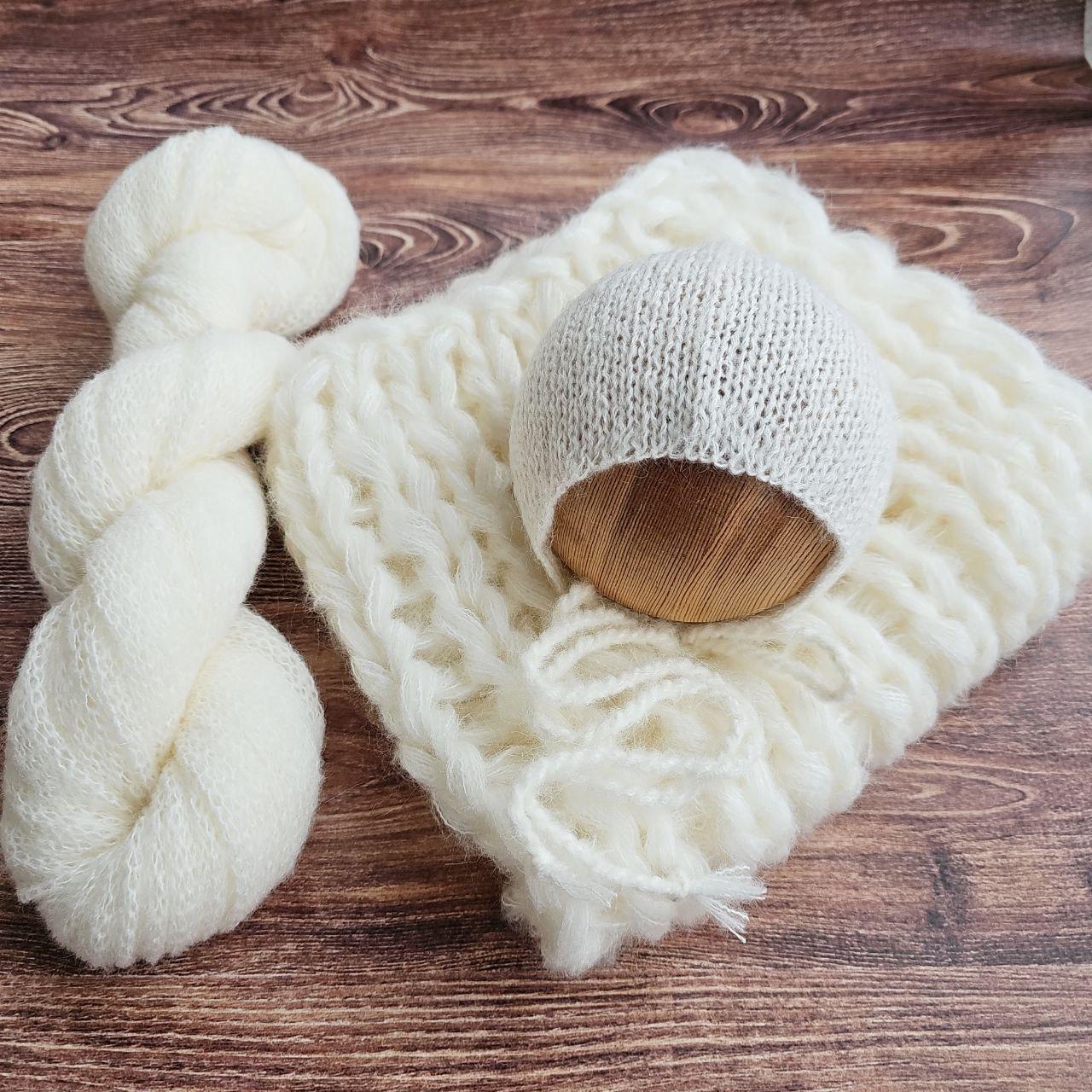 White Newborn Knitted Wrap, Layer and Bonnet, girl boy photo props