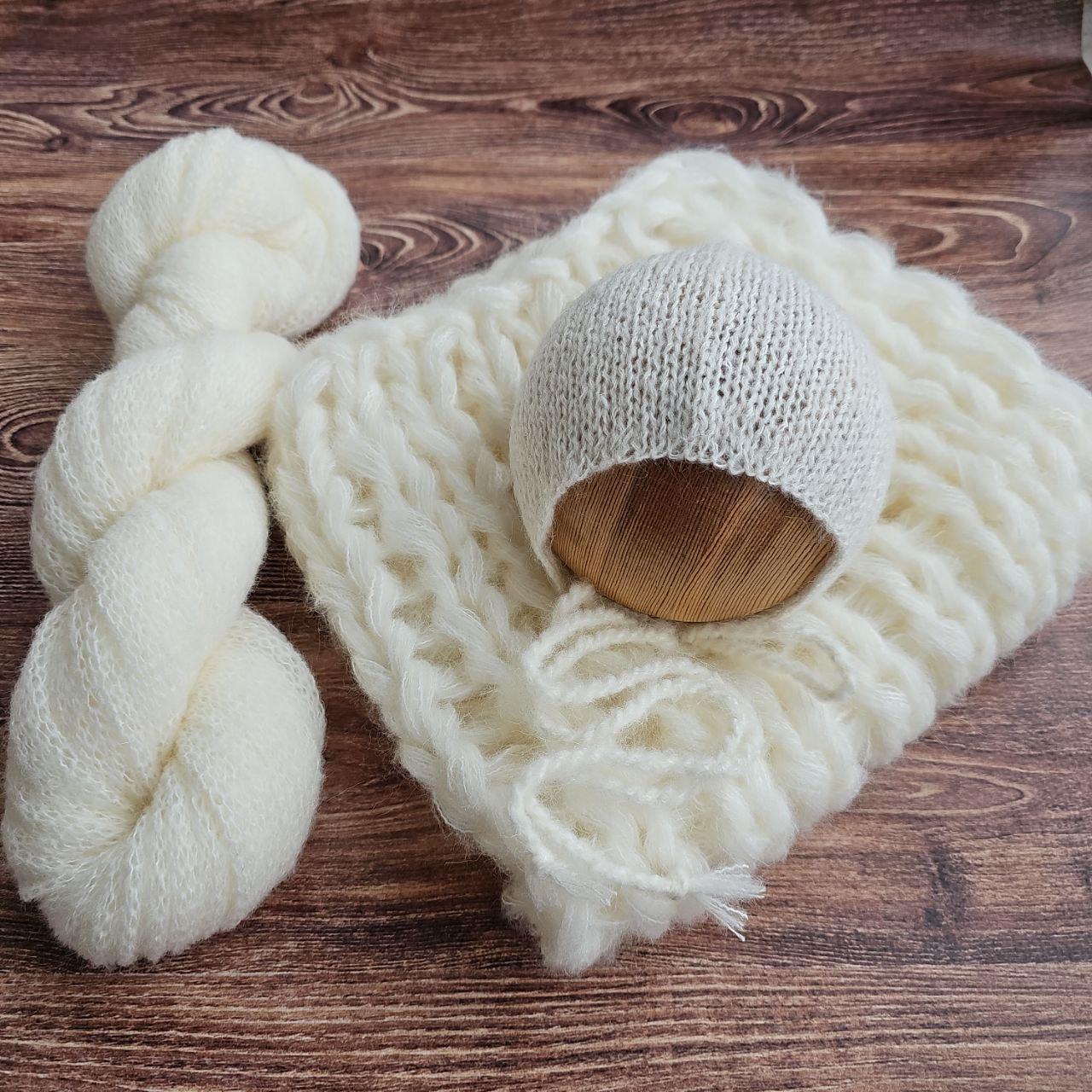 White Newborn Knitted Wrap, Layer and Bonnet, girl boy photo props - Image 2