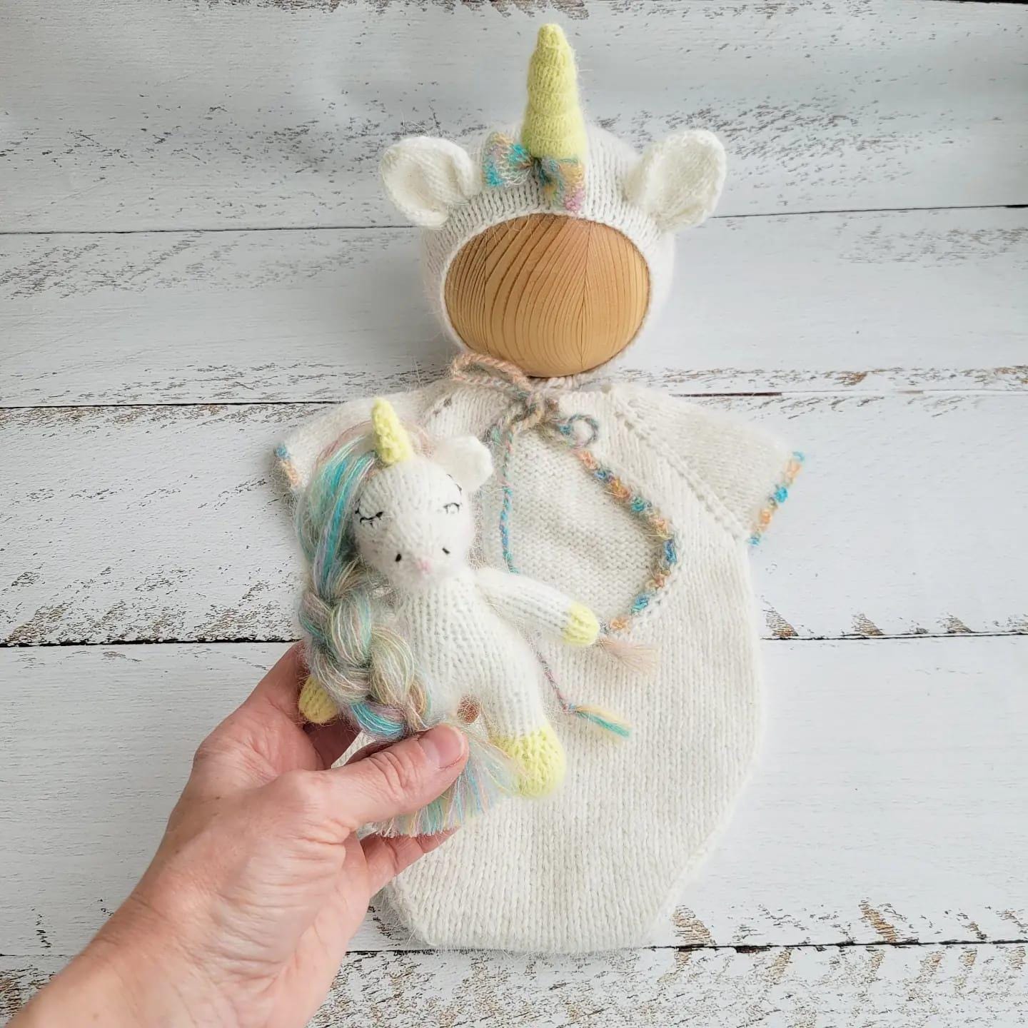 Unicorn bonnet, romper, wrap, toy. Rainbow outfit. Newborn photo props - Image 3