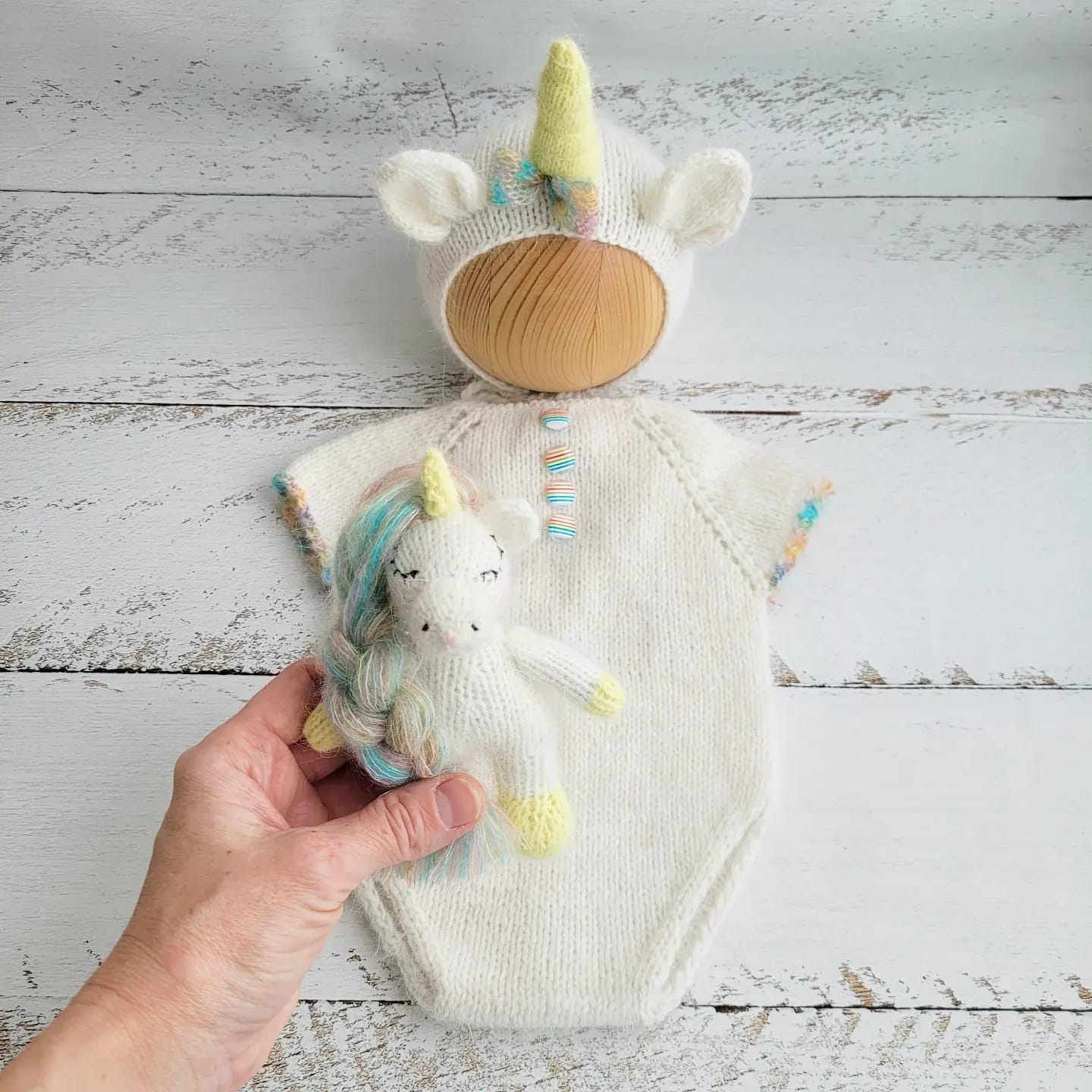 Unicorn bonnet, romper, wrap, toy. Rainbow outfit. Newborn photo props - Image 8