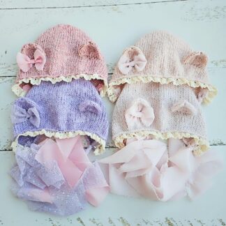 Bear Newborn hat with lace and ribbons / Newborn photo props, animal hats