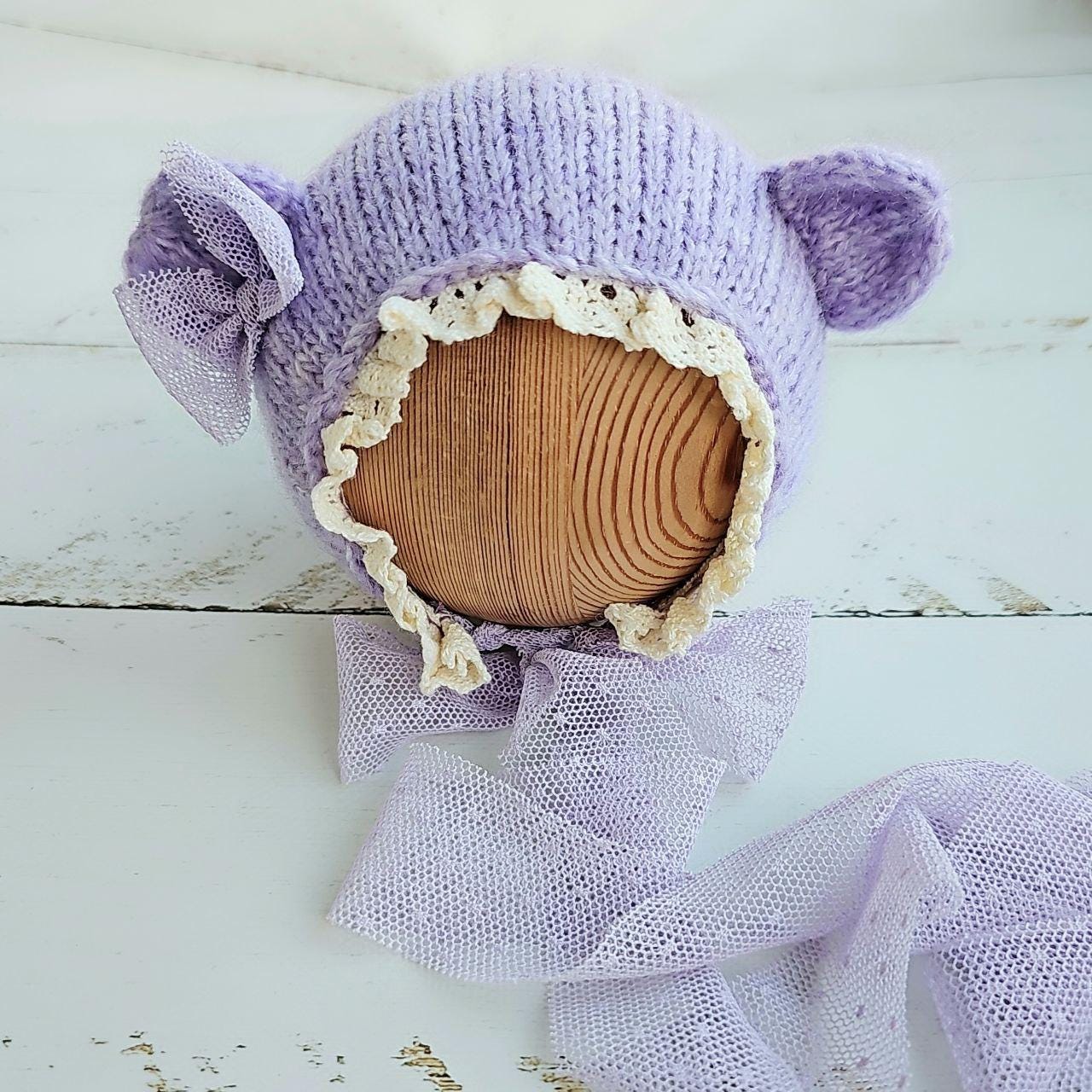 Bear Newborn hat with lace and ribbons / Newborn photo props, animal hats - Image 4