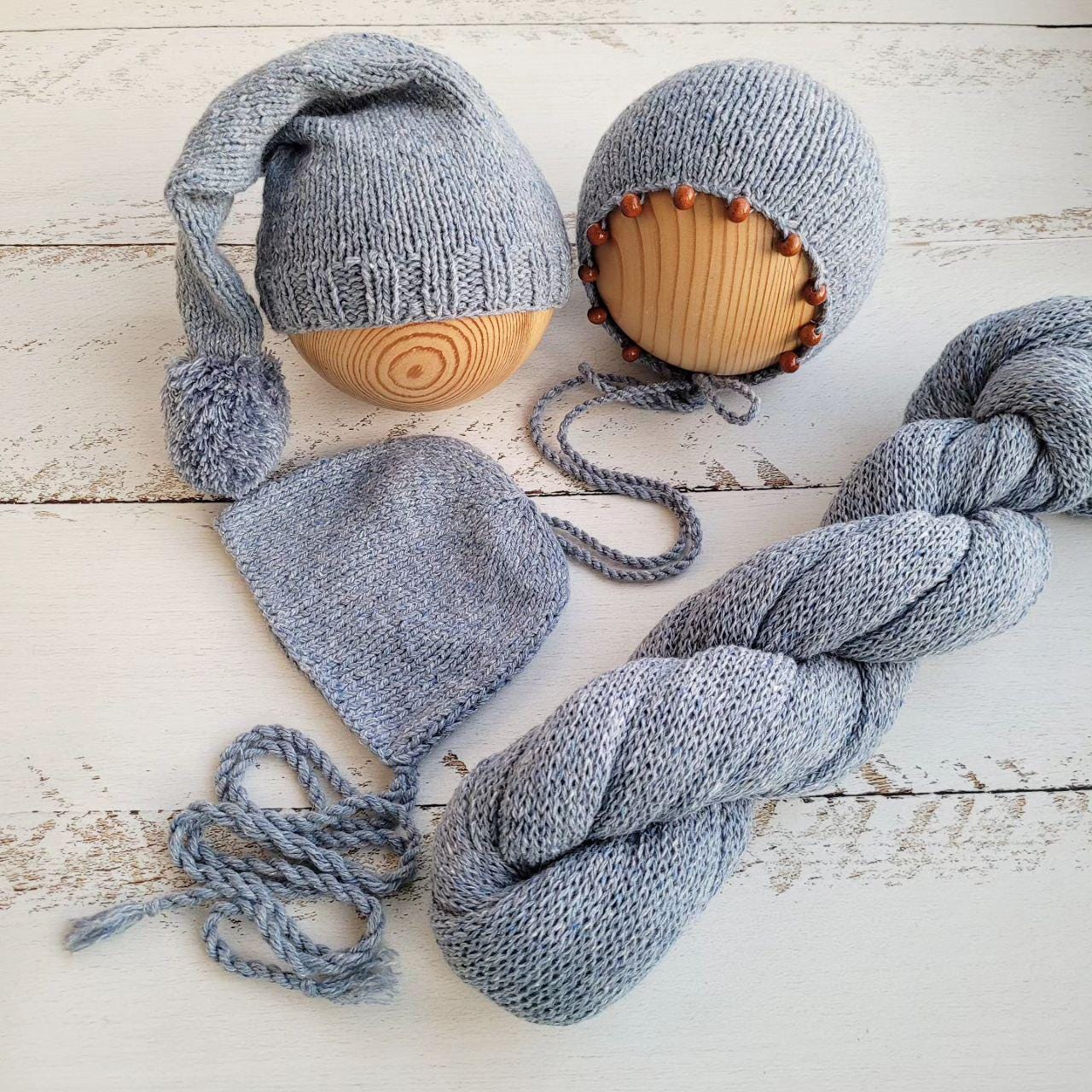 Light blue tweed bonnet beads with romper, Newborn photo props. - Image 4