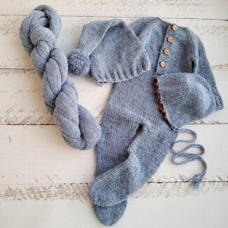 Light blue tweed bonnet beads with romper, Newborn photo props.