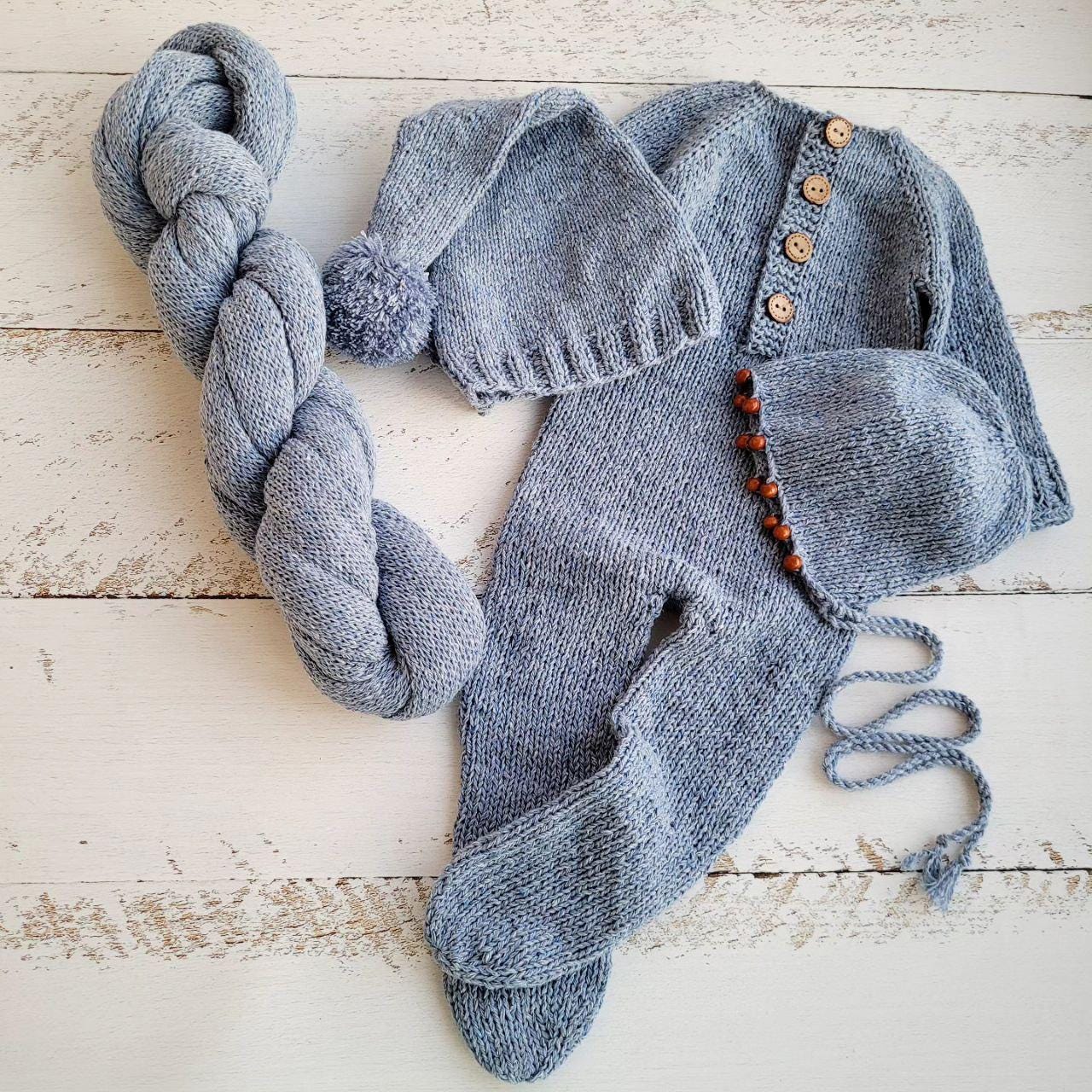 Light blue tweed bonnet beads with romper, Newborn photo props.