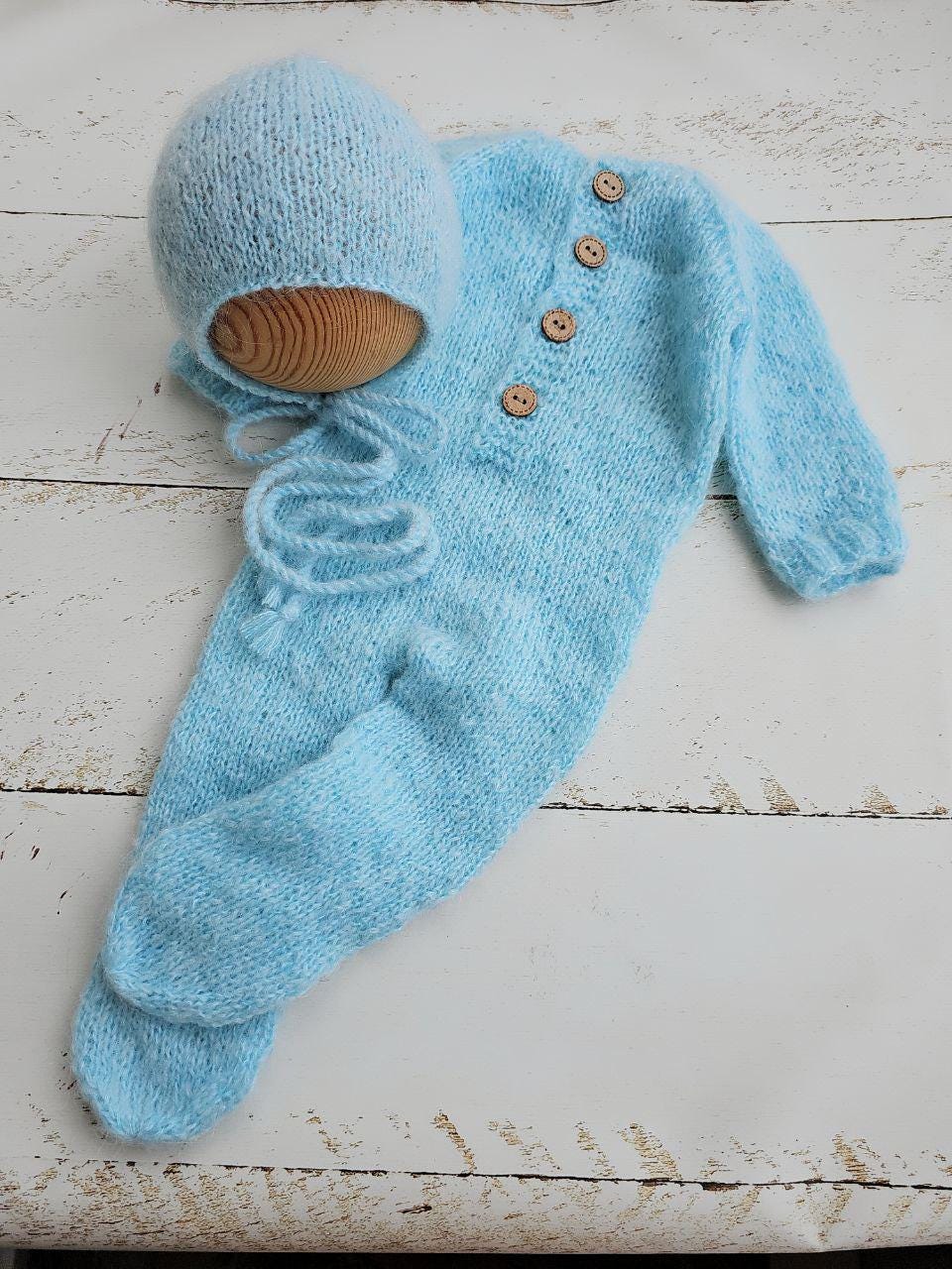 Light Blue Newborn Knitted Wrap, Layer and Bonnet, Boy girl photo props - Image 3
