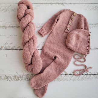 Pink tweed bonnet beads with romper, Newborn photo props.