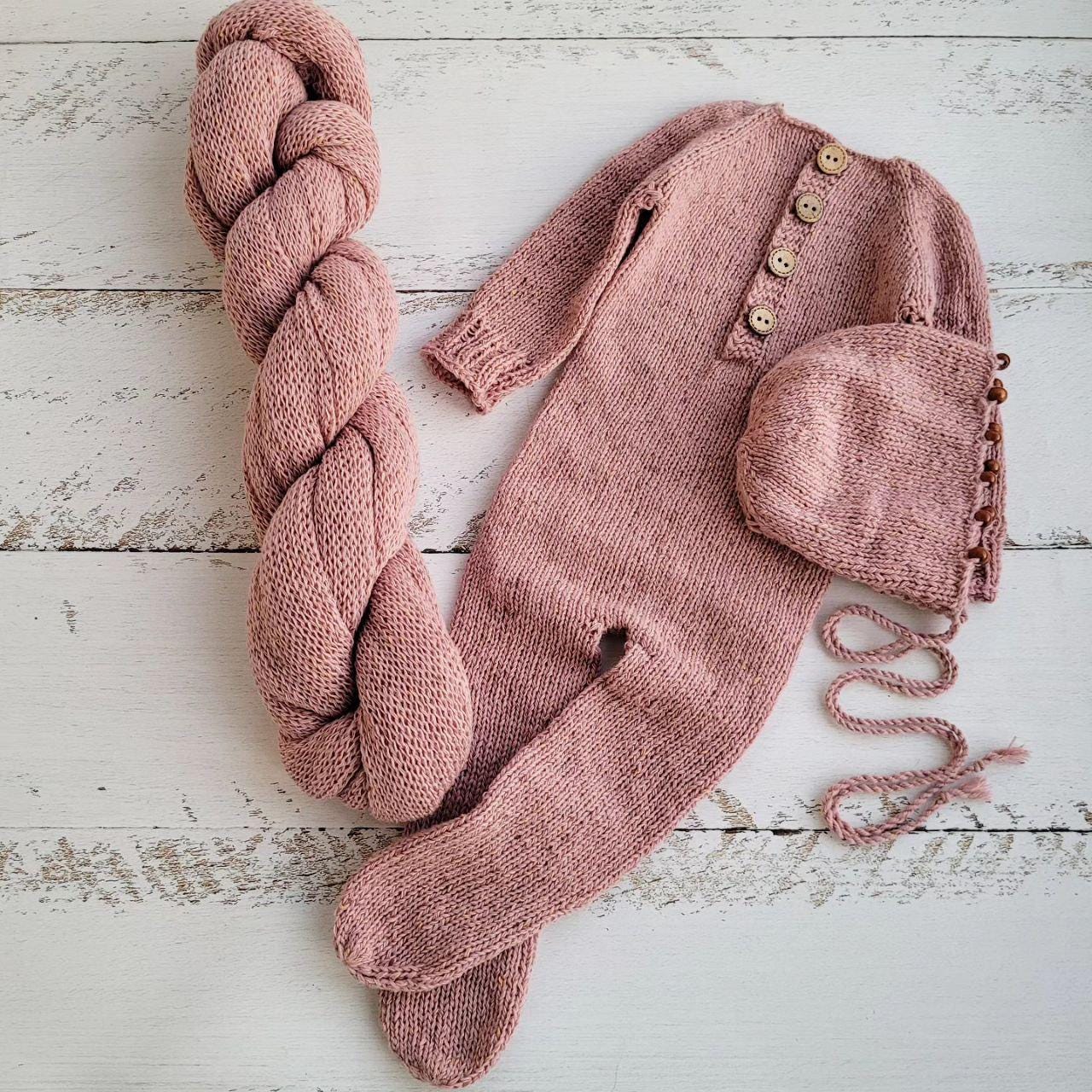 Pink tweed bonnet beads with romper, Newborn photo props.