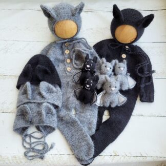 Bat bonnet, romper, wrap, toy. Halloween outfit. Newborn photo props
