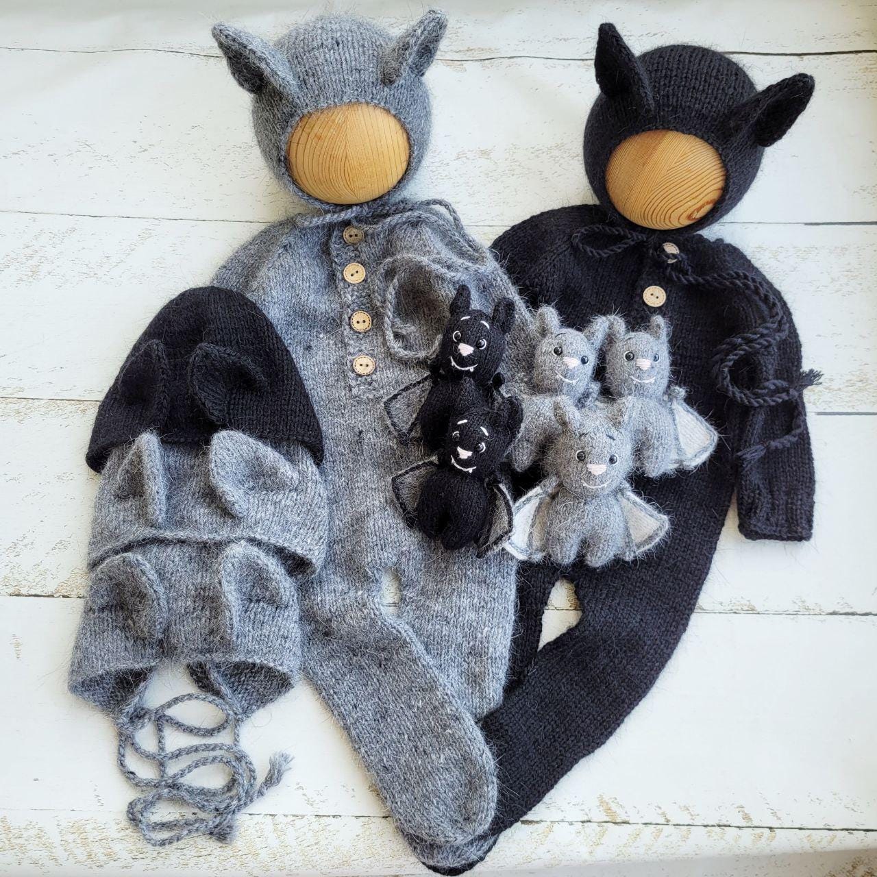 Bat bonnet, romper, wrap, toy. Halloween outfit. Newborn photo props