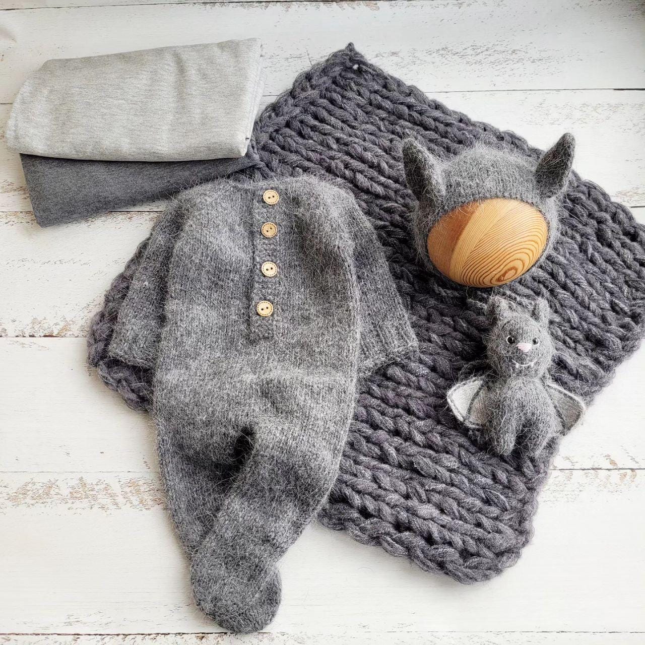 Bat bonnet, romper, wrap, toy. Halloween outfit. Newborn photo props - Image 9