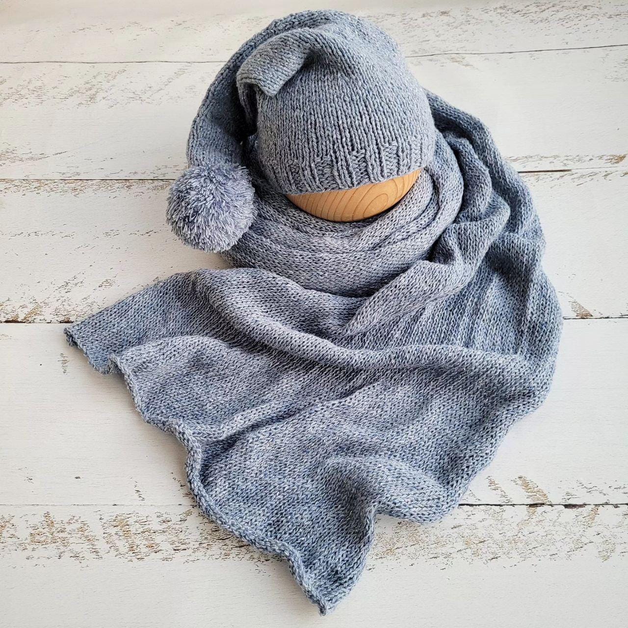 Light blue tweed bonnet beads with romper, Newborn photo props. - Image 6