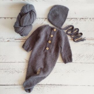 Dark Grey Newborn Knitted Wrap and Bonnet, girl photo props
