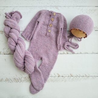 Lilac lavender tweed bonnet beads with romper, Newborn photo props.