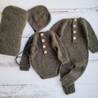 Green Olive tweed sleepy cap with romper, Newborn photo props.
