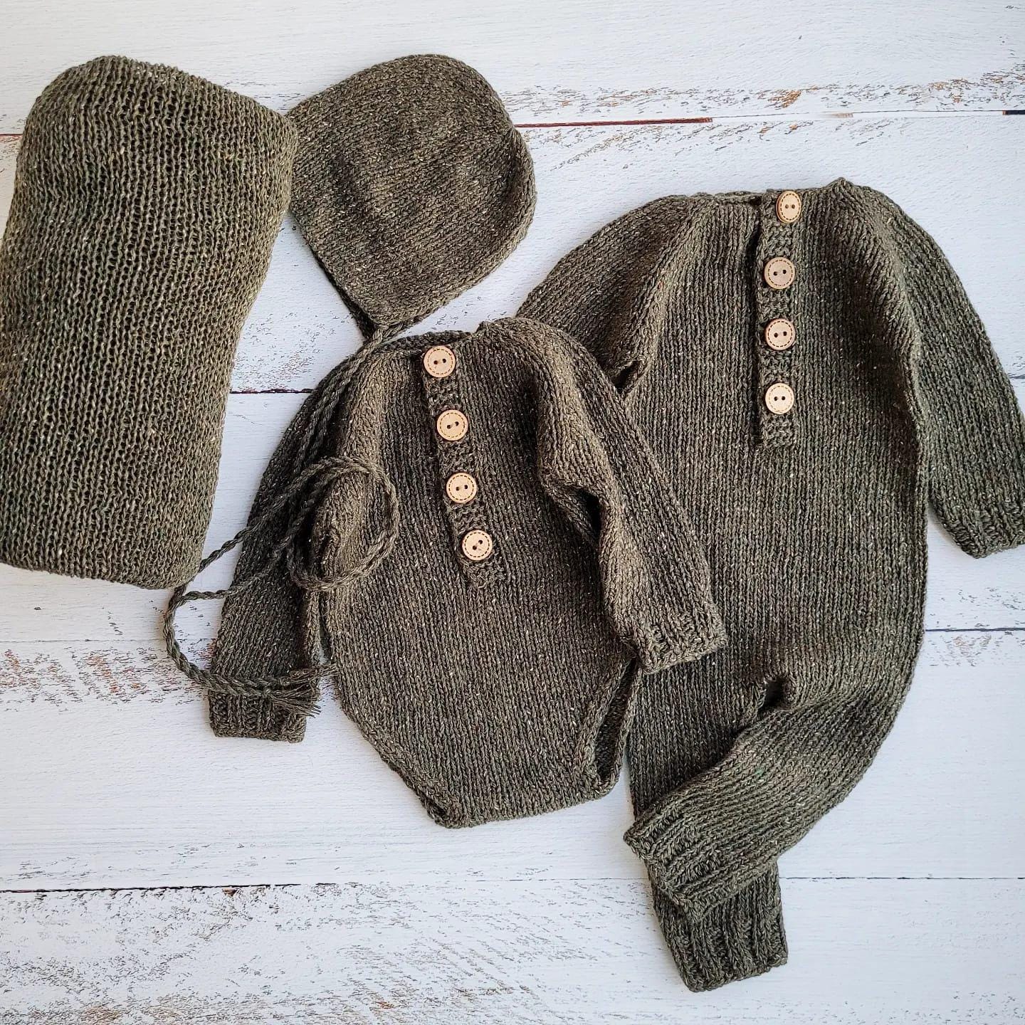 Green Olive tweed sleepy cap with romper, Newborn photo props.