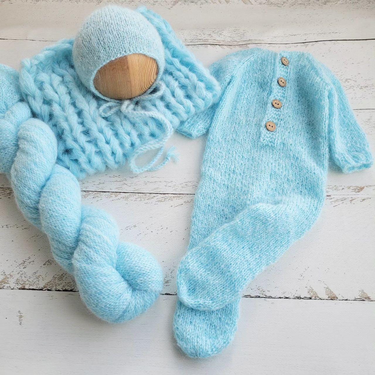 Light Blue Newborn Knitted Wrap, Layer and Bonnet, Boy girl photo props
