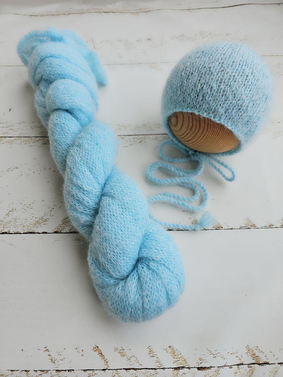 Light Blue Newborn Knitted Wrap, Layer and Bonnet, Boy girl photo props - Image 5