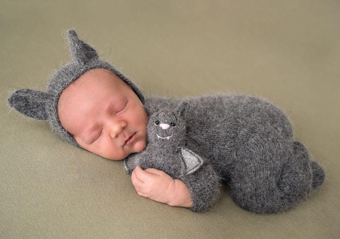 Bat bonnet, romper, wrap, toy. Halloween outfit. Newborn photo props - Image 6