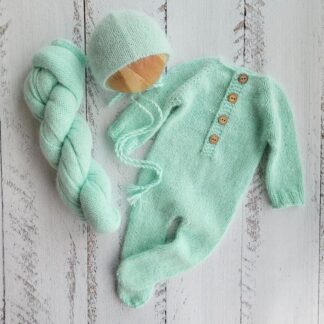 Mint Newborn Knitted Wrap and Bonnet, girl photo props